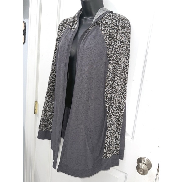 Maurices Gray Leopard Open Front Hooded Cardigan - Picture 3 of 5